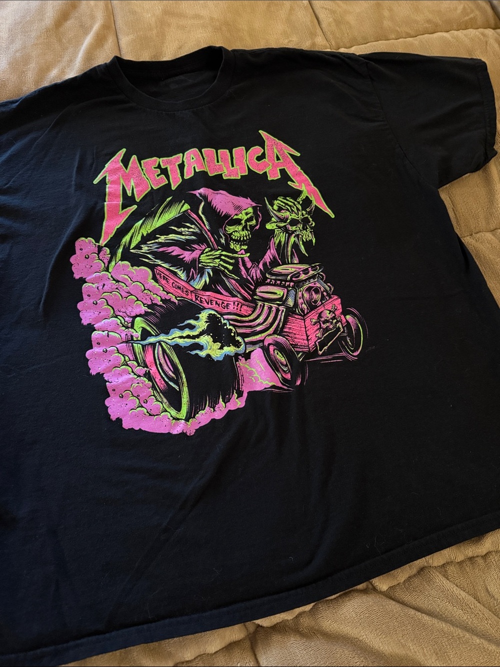 Metallica Men's Black Graphic Tee with Neon Pink & Green Print